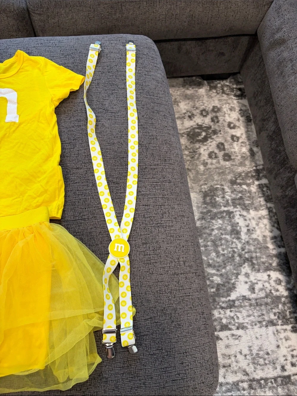 Yellow M&M-Inspired Girls Costume Set - T-Shirt, Tutu, Stockings & Suspenders
